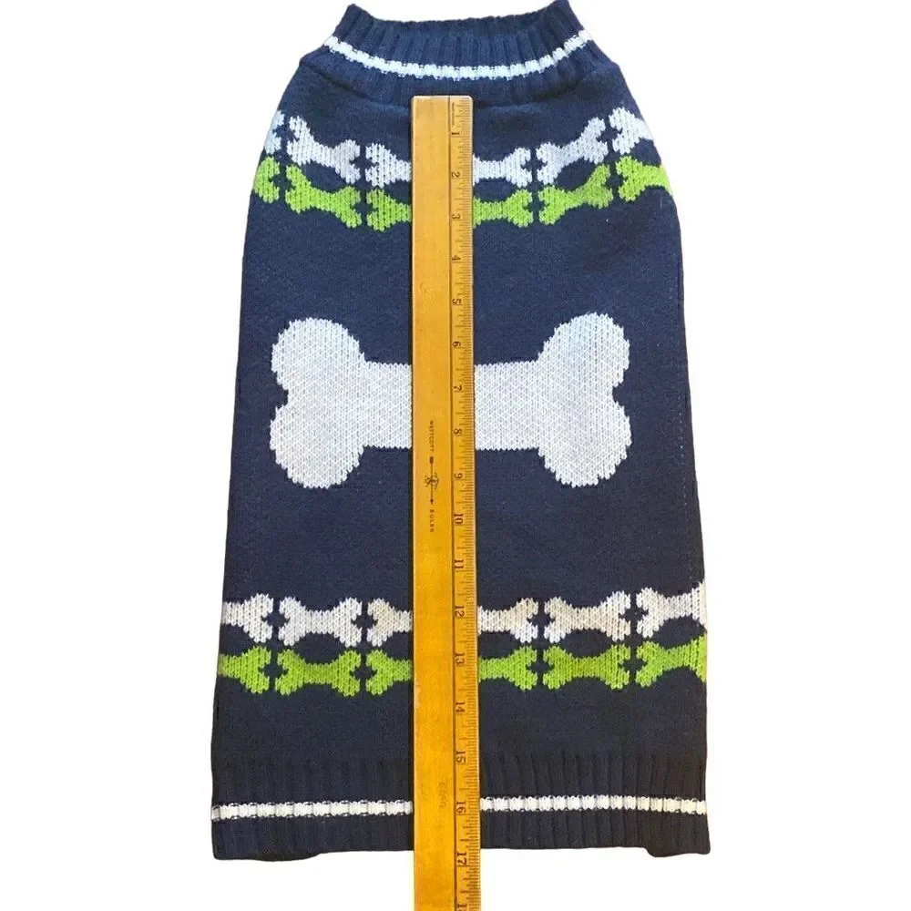 Navy blue dog sweater with white bone and Green bone trim XL